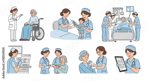 Nurses Caring for Patients: Vaccination, Wheelchair Assistance, Medical Check-up, and Elder Care