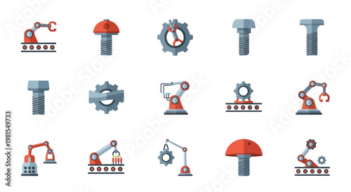Industrial Automation Icons: Robotic Arms, Bolts, Gears, and Conveyor Belts