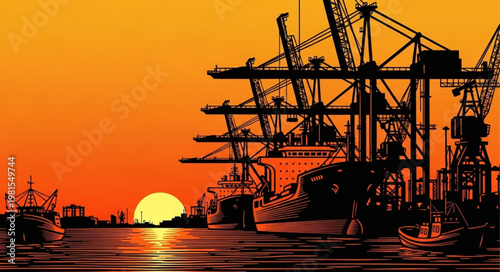 Industrial Port at Sunset - Cranes and Ships Silhouette Against Golden Sky.
