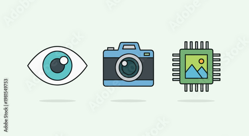 Eye, Camera, and Microchip Icons Representing Vision, Photography, and Technology