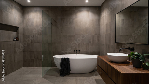 Bilde på lerret Elegant minimalist bathroom with large freestanding bathtub interior design bath