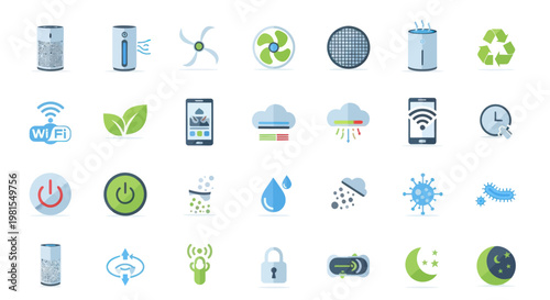 Smart Home Air Purifier Icons Set: Clean Air, Wi-Fi Control, Weather, Eco-Friendly