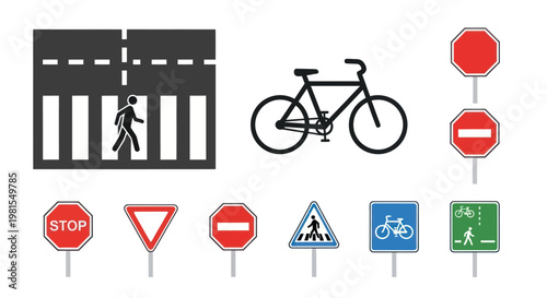 Traffic Signs and Symbols: Road Safety, Cycling, Pedestrian Crossing, Stop, Yield