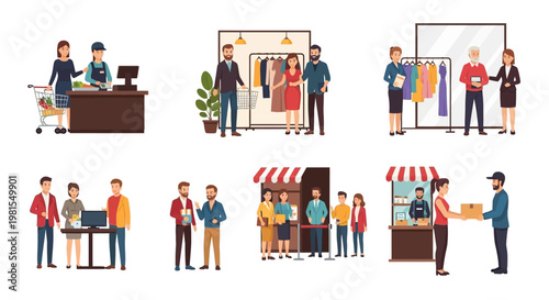 People shopping and working in retail stores, customer service, and delivery