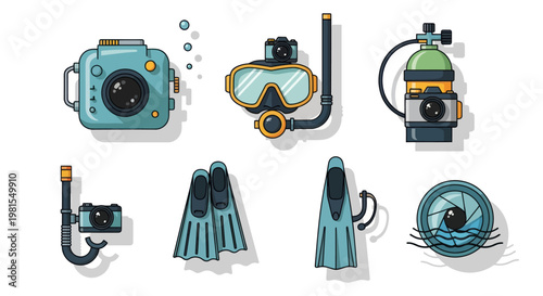 Scuba Diving Gear and Underwater Camera Equipment Icons Set