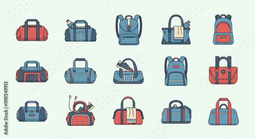 Pixel Art Gym Bags and Backpacks Collection, Sports Duffle Bags, Fitness Luggage Icons
