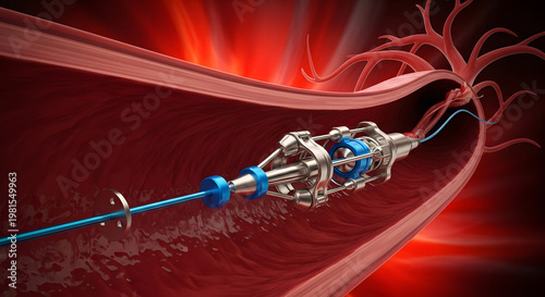 Medical device navigating through a human blood vessel, representing interventional cardiology procedures