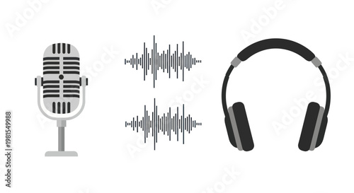 Retro Microphone, Sound Waves, and Headphones Icon Set