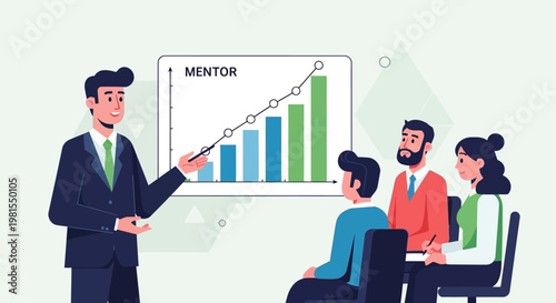 Business mentor presents growth chart to team during meeting.