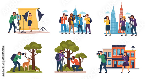 Photographers capturing moments: studio, cityscape, nature, and street scenes