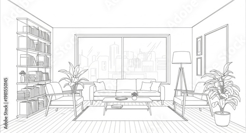 Elegant Living Room Interior Design Sketch with Natural Light.