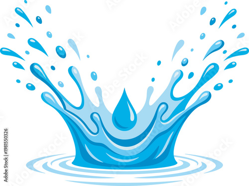 Clean flat vector of a blue water splash forming a crown shape with droplets and ripples, symbolizing freshness, purity, fluid motion, and dynamic liquid impact.