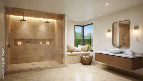 Fotografija Luxurious modern bathroom interior with large walk in shower floating vanity rel