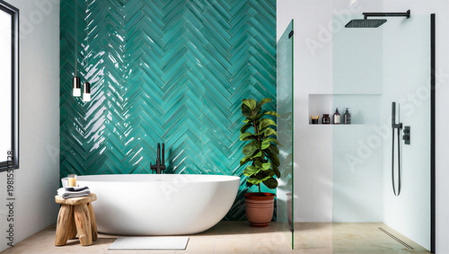 Foto Contemporary bathroom interior with teal herringbone tiled wall and freestanding