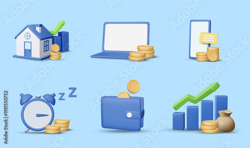 3d vector set of financial investment icons featuring blue house laptop smartphone with coins alarm clock and wallet for online banking wealth management business growth and passive income.