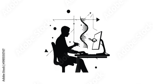 Scientist sits at a desk while analyzing a DNA strand on a computer screen in a laboratory setting.