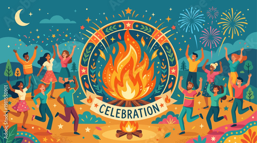 People celebrate Lag BaOmer with fire and dancing outdoors at night