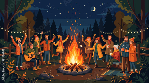 People celebrate Lag BaOmer with a campfire in a forest at night.