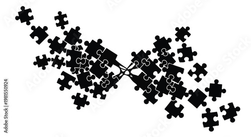 Jigsaw puzzle pieces float in a symmetrical composition to represent problem solving and complex logic.
