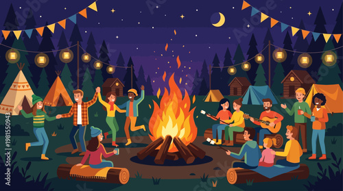 People celebrate Lag BaOmer with campfire and dancing in forest at night