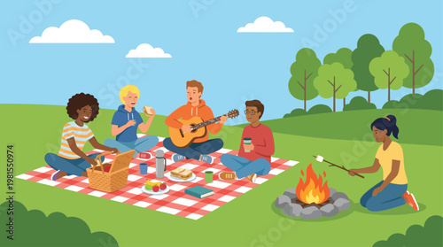 People celebrate Lag BaOmer with music and bonfire outdoors in a park