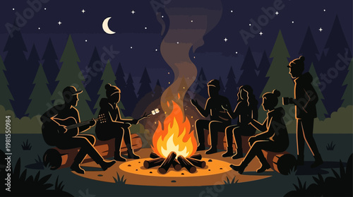 People gather around campfire on Lag BaOmer night in forest