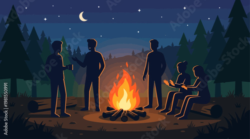 Friends celebrate Lag BaOmer with campfire under starry night sky in forest
