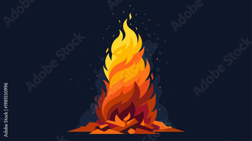 A bonfire burns brightly on Lag BaOmer night in a dark outdoor setting