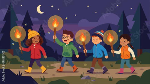 Children celebrate Lag BaOmer with torches in a forest at night.