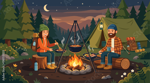 People celebrate Lag BaOmer with campfire in forest at dusk