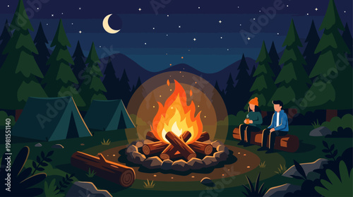 People celebrate Lag BaOmer with campfire in forest at night