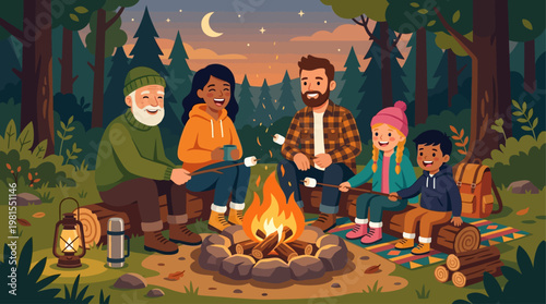 Friends gather around campfire on Lag BaOmer night in forest