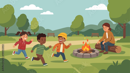 Children celebrate Lag BaOmer with a joyful bonfire in a green forest on a sunny day