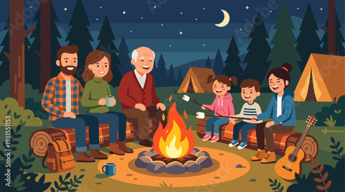 Family celebrates Lag BaOmer with campfire and music in the woods at night