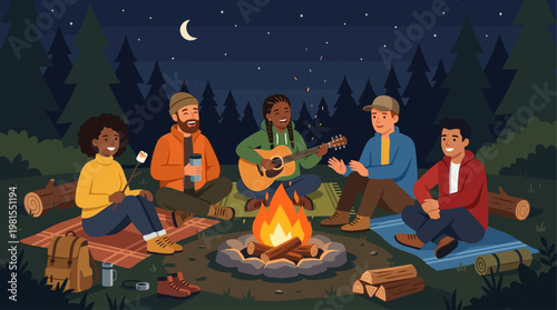 Friends celebrate Lag BaOmer with campfire and guitar in forest at night
