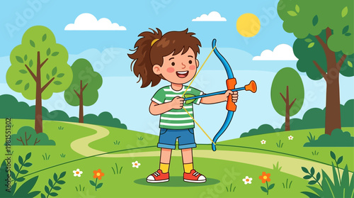 A young girl practices archery on a sunny day during Lag BaOmer in a park.