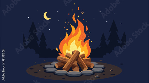 Celebrating Lag BaOmer with a serene campfire under starry night sky surrounded by trees
