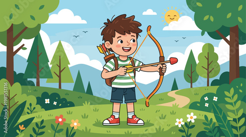 Young boy celebrates Lag BaOmer with a joyful outdoor archery session in a sunny forest
