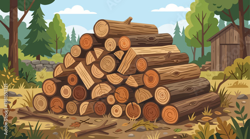 A pile of firewood logs on a sunny day during Lag BaOmer in forest