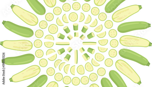 Zucchini Mandala Pattern with Whole, Sliced and Cut Courgette Pieces in Circular Symmetry for Seamless Vegetable Background and Organic Food Design