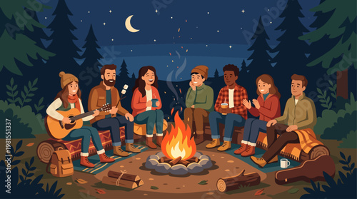 Friends celebrate Lag BaOmer with campfire and music in forest at night