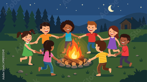 Children celebrate Lag BaOmer with campfire at night in the mountains
