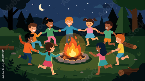 Children celebrate Lag BaOmer with joyful dance around campfire in forest