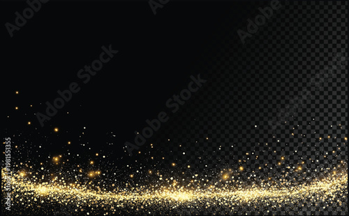 Glowing golden particles sparkle on transparent background, abstract light effect for design, isolated chroma key overlay
