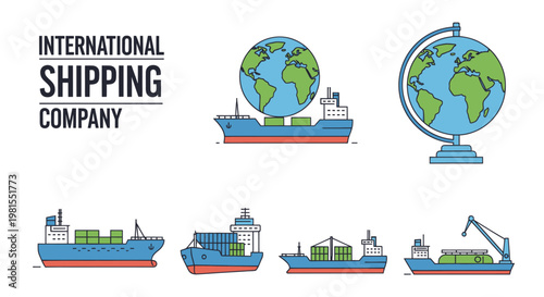International Shipping Company, Cargo Ships, Globe, Logistics, Delivery Icons