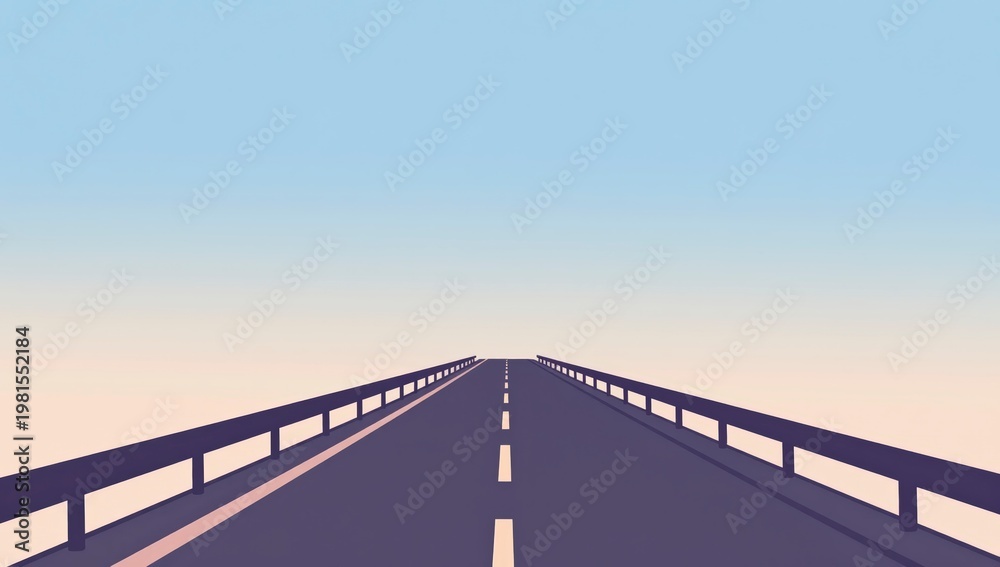 Fototapeta premium Minimalist vector illustration of a long straight bridge highway disappearing into a serene pastel gradient horizon at dawn or dusk