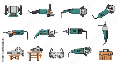 Set of Power Tools and Hand Tools: Grinders, Jigsaw, Grinding Wheel, Vise, Safety Glasses