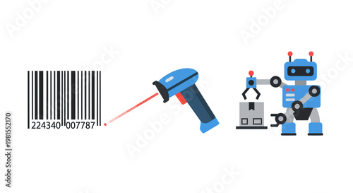 Barcode scanning robot, automated logistics, warehouse operations, technology concept