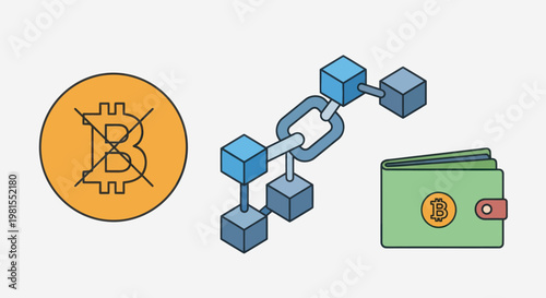 Bitcoin Blockchain and Digital Wallet Icons