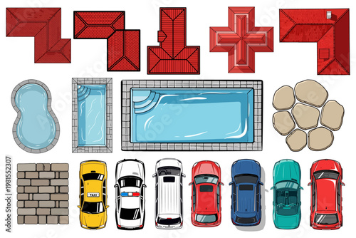 Backyard pool, patio, and car icons, vector set of 12 elements